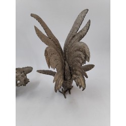 Paire De Coq En Métal Argenté Combat Décoration Serre Livre 28 Cm