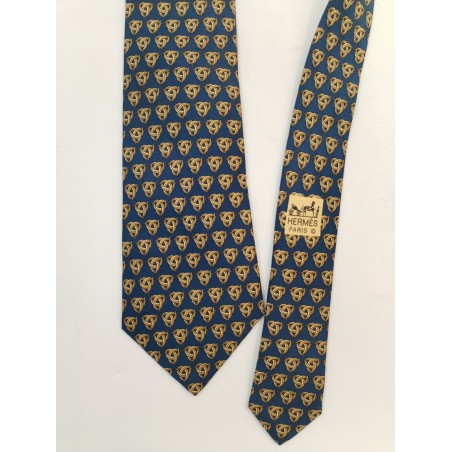 HERMES VINTAGE Cravate En Soie Bleu Marine Or Chaîne Triangle Baroque FRANCE 