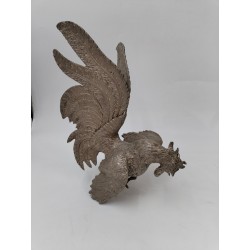 Paire De Coq En Métal Argenté Combat Décoration Serre Livre 28 Cm
