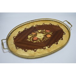 Ancien plateau bois marquetterie et laiton vintage retro rococo art déco baroque