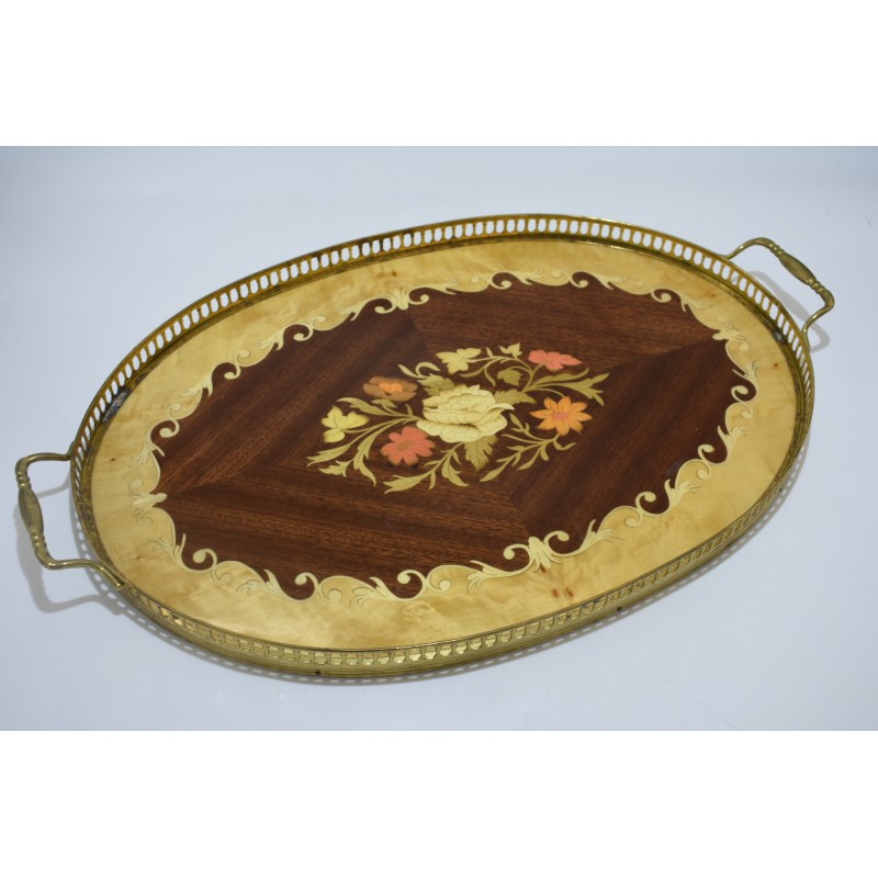 Ancien plateau bois marquetterie et laiton vintage retro rococo art déco baroque