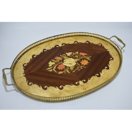 Ancien plateau bois marquetterie et laiton vintage retro rococo art déco baroque