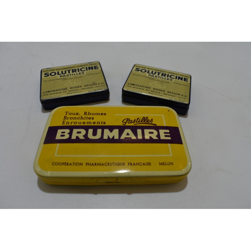 Lot de 3 boites anciennes metal Pastilles Brumaire solutricine Roger Bellon