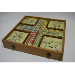 Coffret Jeujura 4 jeux ancien en bois vintage jeu nouveaux réunis petits chevaux dames backgammon jeu de l'oie