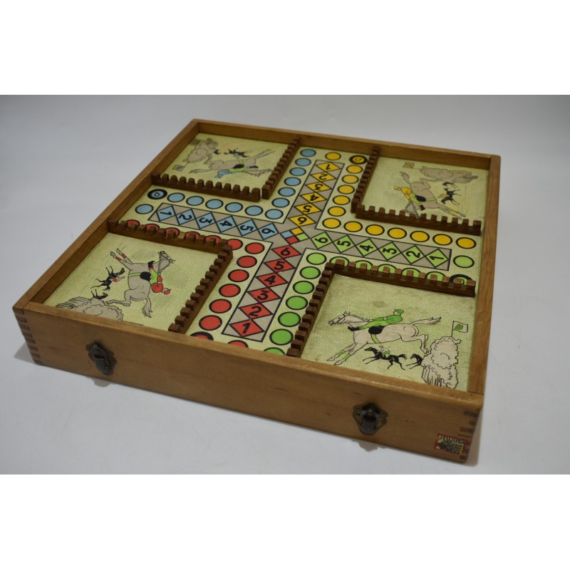 Coffret Jeujura 4 jeux ancien en bois vintage jeu nouveaux réunis petits chevaux dames backgammon jeu de l'oie