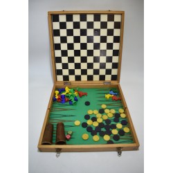 Coffret Jeujura 4 jeux ancien en bois vintage jeu nouveaux réunis petits chevaux dames backgammon jeu de l'oie