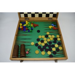 Coffret Jeujura 4 jeux ancien en bois vintage jeu nouveaux réunis petits chevaux dames backgammon jeu de l'oie