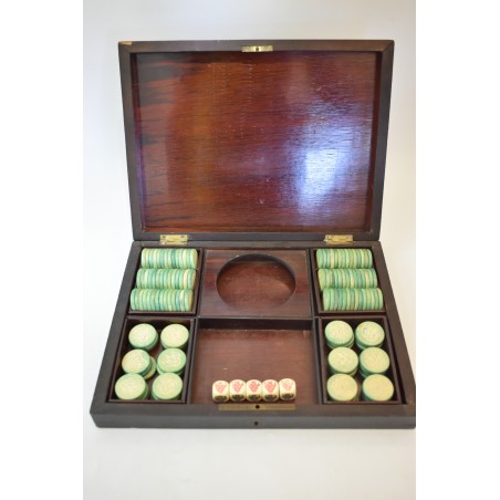 Coffret Napoléon mises jetons ancien ciselé teinté jeux nouveaux reunis boite bois plaques cartes dés poker d'as dé jeu