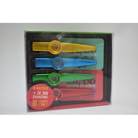 Blindtest Kazoo Edition Hachette jeunesse 4 kazoos métallique métal couleur chansons fun soirée coffret
