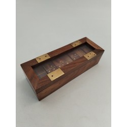 Beau Coffret Jeux De Dominos Double Six Domino Bois Et Métal Or Doré Jeu