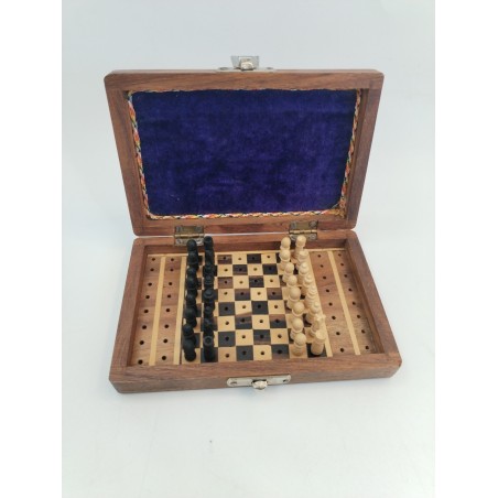 VINTAGE WOODEN TRAVEL MINIATURE WOOD PEG CHESS SET Jeu D'échecs Jeux Échec