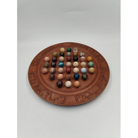 Grand Solitaire En Bois Sculpté Et Vrais Pierres Semi Précieuse Jeu