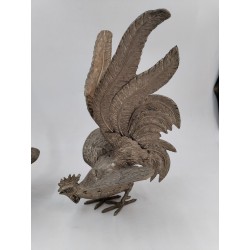 Paire De Coq En Métal Argenté Combat Décoration Serre Livre 28 Cm